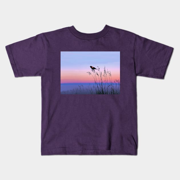 Red Winged Blackbird and Evening Sky Kids T-Shirt by lauradyoung